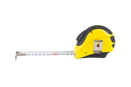 Yellow measuring tape isolated on white backgroundの写真素材