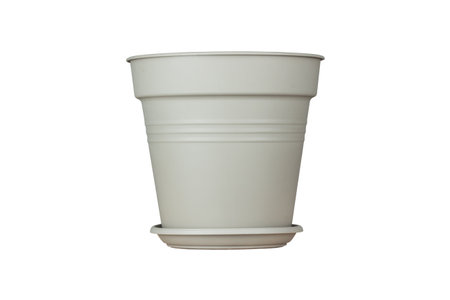 gray plastic flower pot 19cm diameter isolated on white backgroundの写真素材