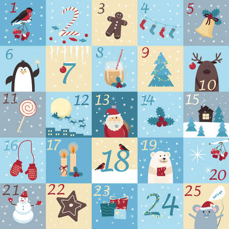 Christmas advent calendar in limited color palette and cartoon style. Image of cute animals, Santa, houses, gifts, jewelry and other winter elements. Stock vector graphics.のイラスト素材