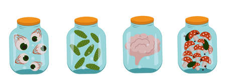A halloween set of witch jars with eyes, brains, caterpillars and mushrooms. Vector graphicsのイラスト素材