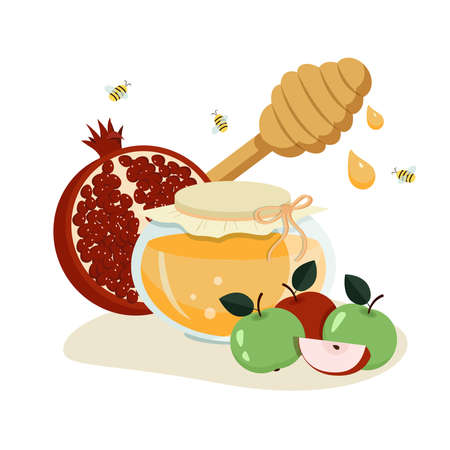 Pomegranate, honey, bees and apples. Elements of Rosh Hashanah Vector graphics.のイラスト素材
