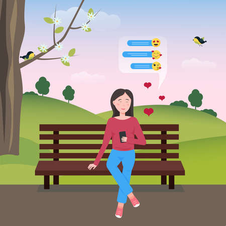 Spring Park with a character. A girl in love is sitting on a bench and texting in a chat.のイラスト素材