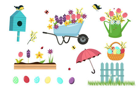 Vector spring set of elements-flowers, birds, birdhouse, Easter eggs, wicker basket - for design. Isolated on a white background. Stock vector graphics.のイラスト素材