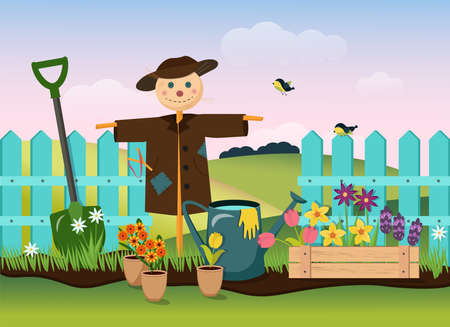 The concept of gardening. Garden tools and boxes with flower seedlings. Stock vector graphics.のイラスト素材