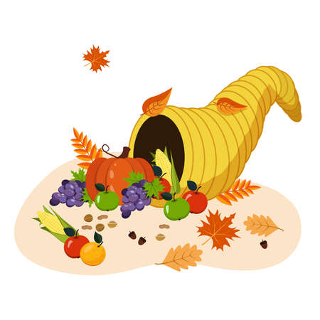 Illustration of a horn of plenty with the gifts of autumn. Vector graphicsのイラスト素材