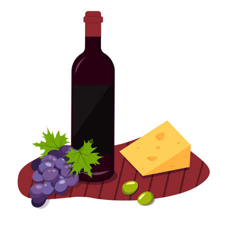 Illustration bottle of wine, cheese, olives, grapes. Vector graphicsのイラスト素材