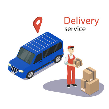 Delivery service. The car in isometric view and work with the boxes. Vector graphics.のイラスト素材