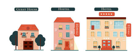 Set - Hotel, guest house, hostel. Vector illustration for hotel, travel, tourism, accommodation, vacation, hotel service, booking.のイラスト素材