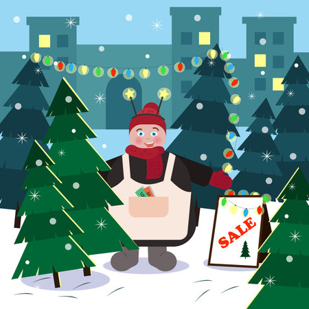 Illustration Christmas sale of Christmas Trees at a street fair, funny fat elegant seller in an apron invites shopping. Stock vector graphics.のイラスト素材