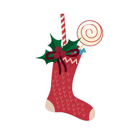 Christmas sock with candy decorated with Holly berries. Isolated on white background. Stock vector graphicsのイラスト素材