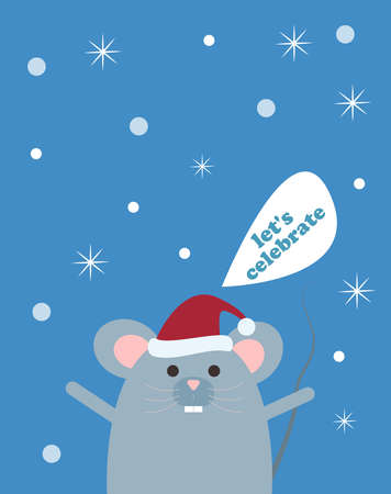 Christmas Illustration, postcard with a mouse and the phrase "let's celebrate". Blue background with snowflakes. Vector graphics in stockのイラスト素材