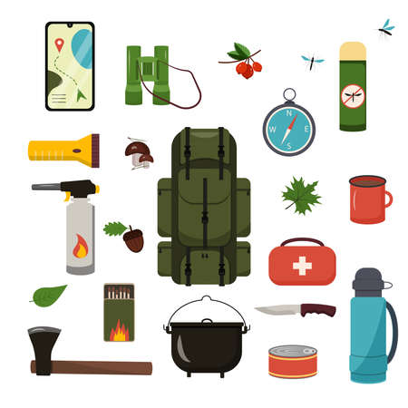 A set of elements of camping equipment. Isolated on a white background. Stock vector graphics.のイラスト素材