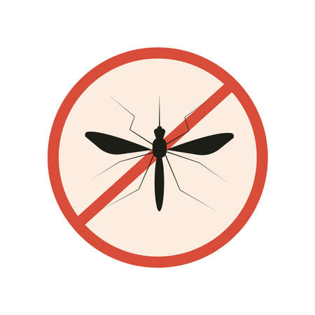 A forbidding sign, a red circle crossed out, and a mosquito. Isolated on a white background. Stock vector graphics.のイラスト素材
