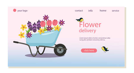 Web page template flower delivery, landing page. Garden wheelbarrow with spring flowers, birds. Vector graphics.のイラスト素材