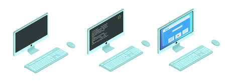 Personal computer is turned off, booted up, running, keyboard and mouse - vector image, isometry, isolated on white backgroundのイラスト素材