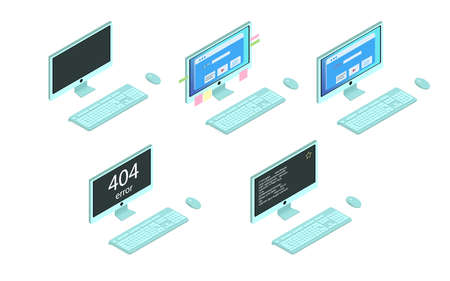 Set - personal computer is turned off, booted up, running, error 404, keyboard and mouse - vector image, isometry, isolated on white backgroundのイラスト素材