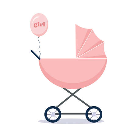 A pink stroller and a balloon with the word "girl" on it. Isolated on white background. Stock vector graphics.のイラスト素材