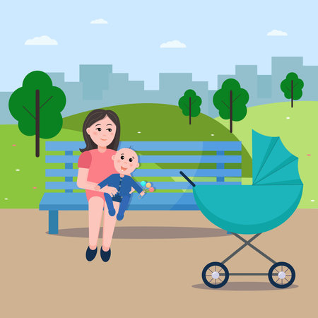 Illustration mom and cheerful baby sitting on a bench in the Park, next to a stroller. Vector graphics.のイラスト素材