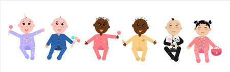 Babies-boys and babies-girls of different Nations-European, Asian, African. Isolated on white background. Stock vector graphics.のイラスト素材