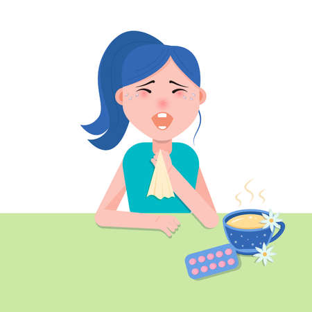 the girl is sick, sneezes and drinks a hot drink on the table with pillsのイラスト素材
