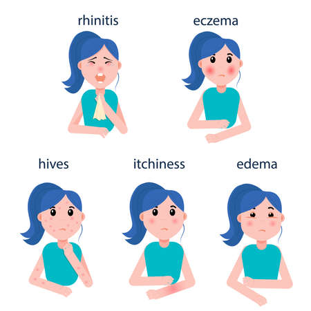 A girl with various manifestations of allergies. Allergy symptoms - eczema, rhinitis, urticaria, swelling, itching. Vector graphicsのイラスト素材