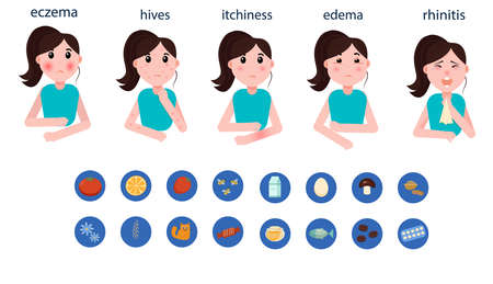 A girl with various manifestations of allergies. Allergy symptoms. And Icons-products that cause an allergic reaction. Vector graphicsのイラスト素材