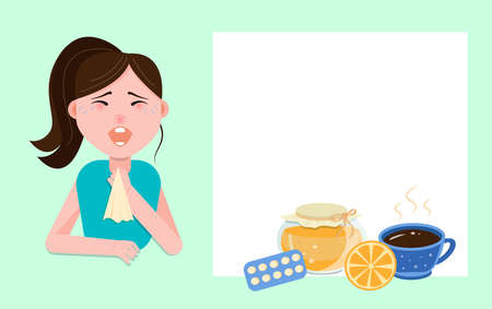 The girl is sick, sneezes and is treated with honey, pills, lemon, drinking a hot drink. Banner template.のイラスト素材