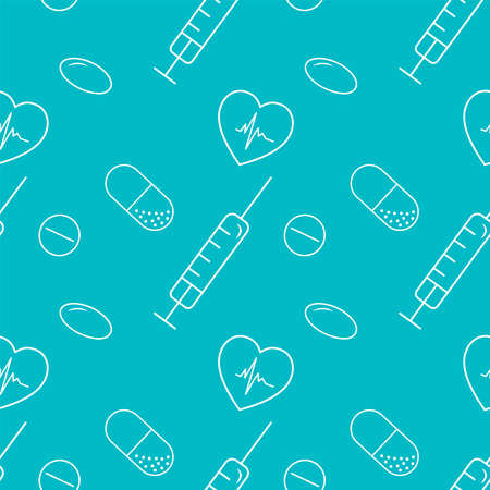 Seamless pattern. Pills, pills, doctor's tools white on a green background.の写真素材