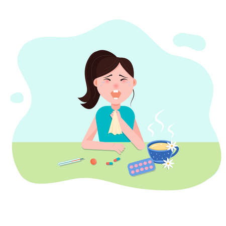 The girl is sick, sneezes and drinks a hot drink on the table with pillsのイラスト素材
