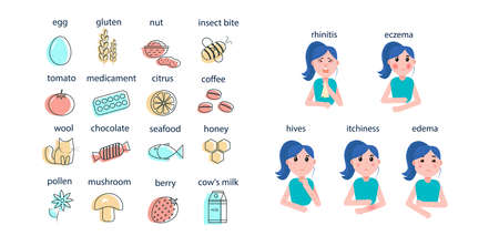 A girl with various manifestations of allergies. Allergy symptoms. And Icons-products that cause an allergic reaction. Vector graphicsのイラスト素材