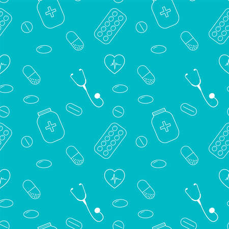Seamless pattern. Pills, pills, doctor's tools white on a green background.の写真素材