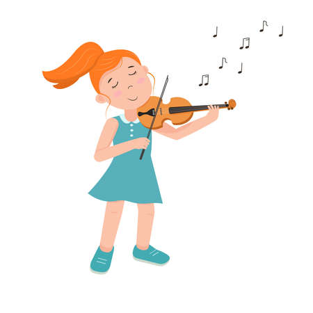 The girl plays the violin on the background of the window with the autumn landscape. Vector graphicsのイラスト素材