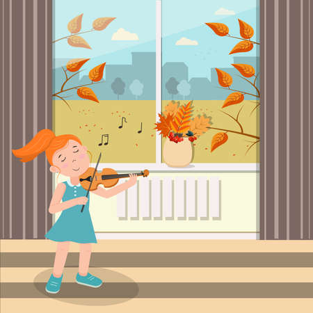 The girl plays the violin on the background of the window with the autumn landscape. Vector graphicsのイラスト素材