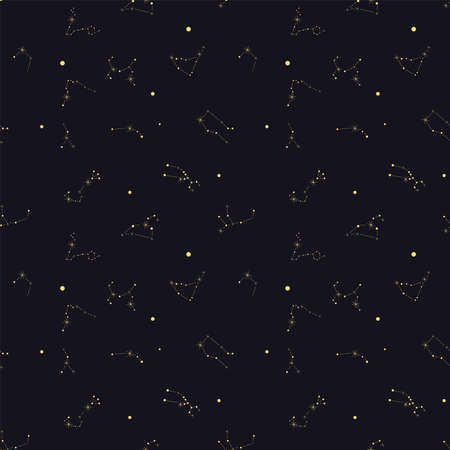 Seamless pattern - constellations of signs of the zodiac, golden on a black background.の写真素材