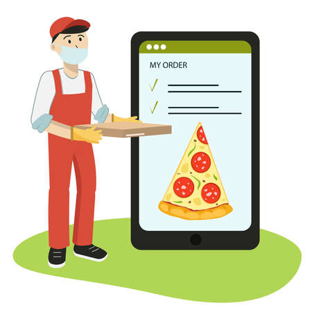 The concept of ordering pizza. Contactless delivery. A courier in a mask and gloves on the background of a mobile phone, an open order page and a large slice of pizza. Stock vector graphics.のイラスト素材