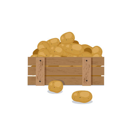 Wooden box with potatoes. Stock vector graphics. Flat design style.のイラスト素材