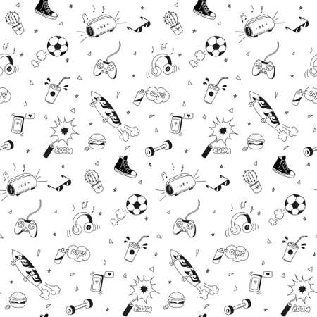 Seamless pattern. A set of doodle elements of a teenagers lifestyle. Vector graphics.のイラスト素材