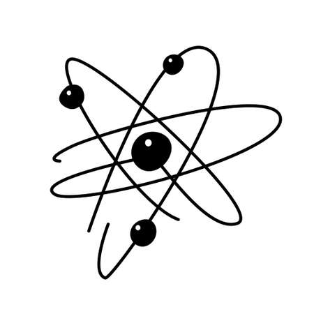 The atom rotates in an orbit. Drawn in doodle style. Vector graphics.のイラスト素材