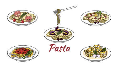 A set of different pastes with sauce, Italian dishes. Doodle style. Vector graphics.のイラスト素材