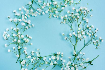 Small white flowers frame on blueの写真素材