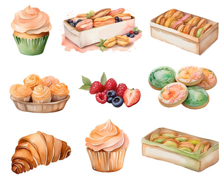 Set of different sweet bakery products. watercolor illustration. Isolated on white background.の素材