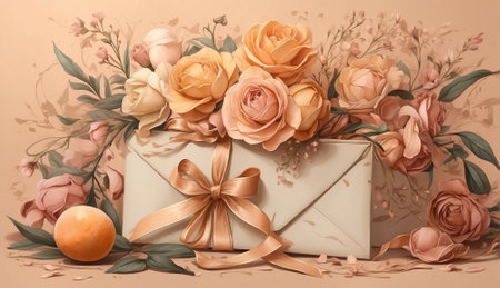 Greeting card with a bouquet of flowers and an envelope, vintage style love letter with flowersの素材