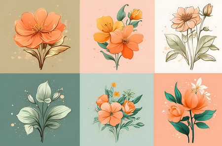 digital set of floral elements in pastel colors on a light backgroundの素材