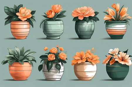 Flowers in pots. Set of flowers in pots. digital illustration.の素材