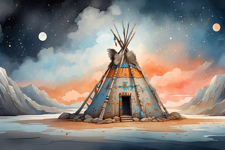 Native american indian wigwam in the desert at night illustration, teepee tribal home artの素材