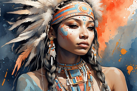 Portrait of a beautiful young woman in the image of an American Indian. free spirit shaman girl, tribalの素材
