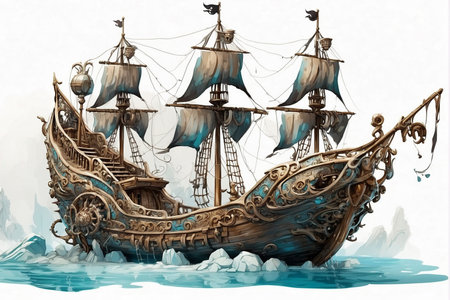 Pirate ship in the sea, watercolor painting, digital illustrationの素材