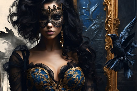 Beautiful brunette woman in black lace lingerie and carnival mask. digital illustrationの素材