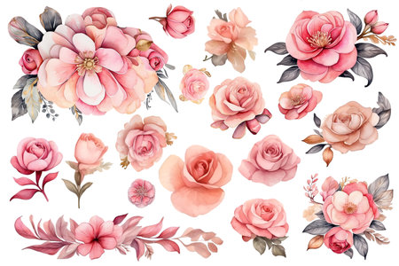 Set of watercolor flowers. Hand drawn floral elements isolated on white background.の素材