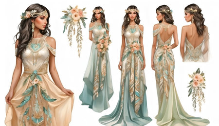 Collage of beautiful brunette woman in long evening dress with flowers. southwestern boho style wedding dressの素材
